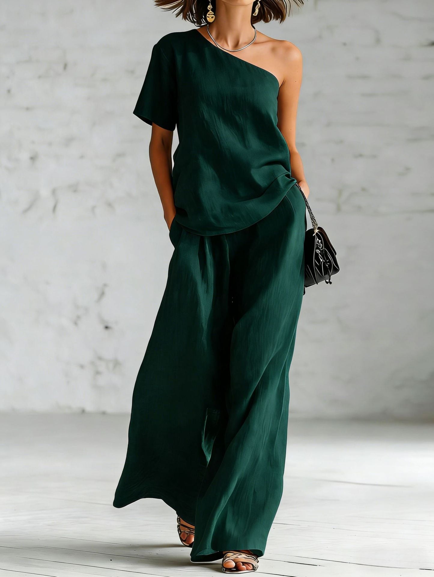 Fashionable Off-Shoulder Top and Wide-Leg Pants Casual Outfit Set