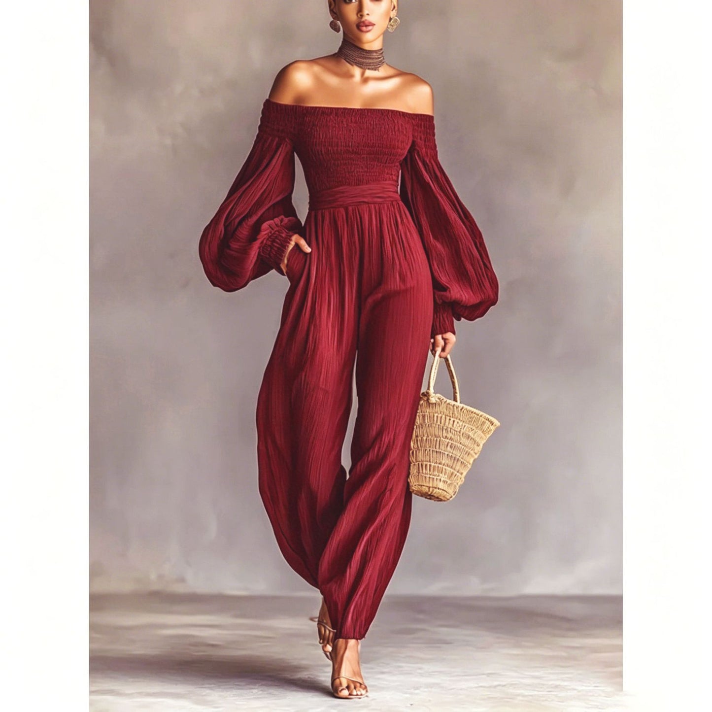 Style Off-Shoulder Lantern Sleeve Pleated Loose Jumpsuit for Women