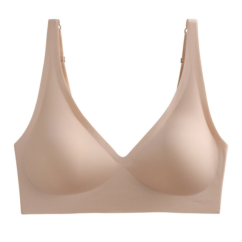 French Seamless Jelly Stripe Bra, No Steel Ring, Plumping and Lifting, Ice Silk, Outer Wear, Plus Size, Youthful Style