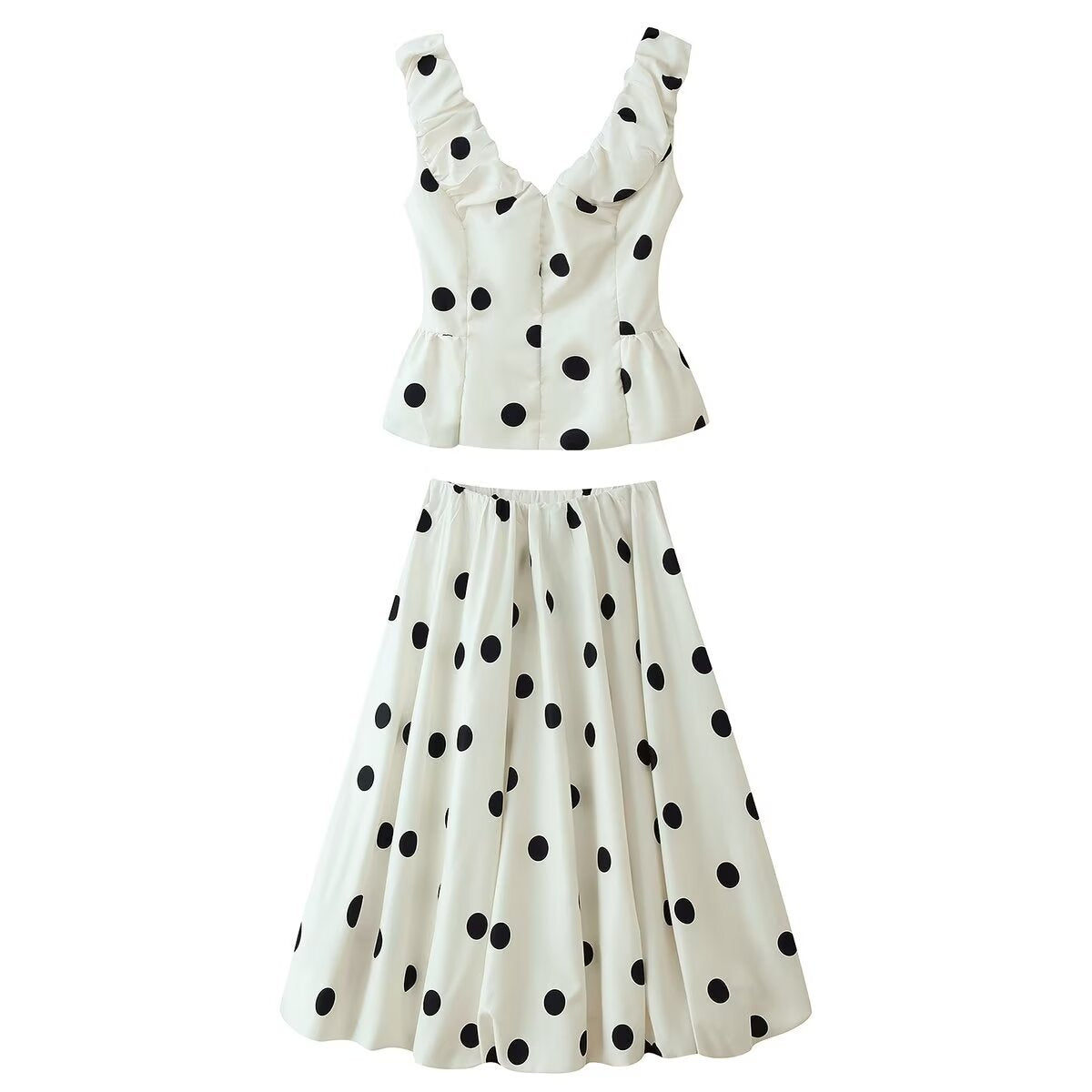 Polka dot V-neck top+polka dot flower bud half skirt set