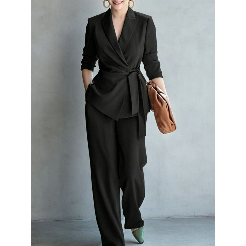 Women's casual solid color suit lace up top and pants two-piece set