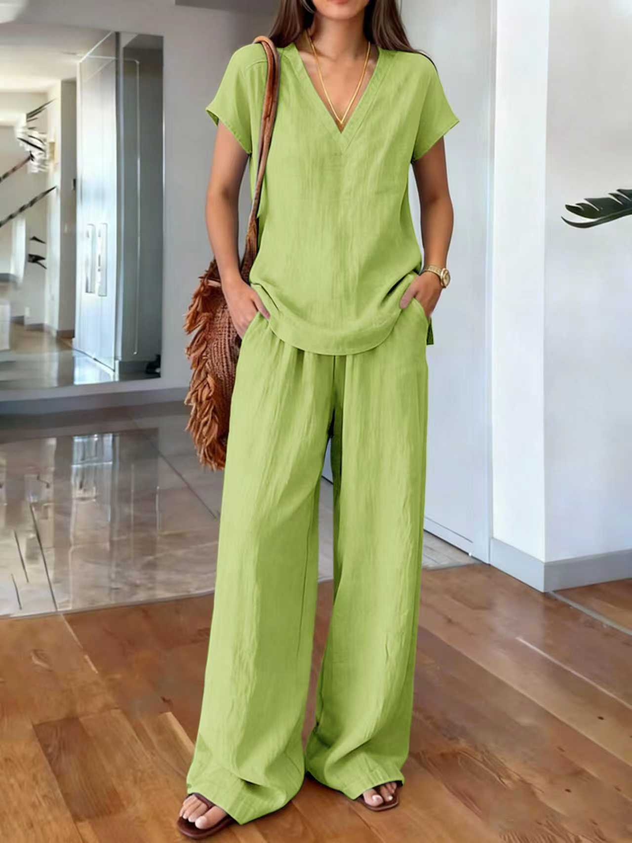 Clothing Solid Color Women's Fashion Set V-Neck Short Sleeve Long Pants Casual Two-Piece Set