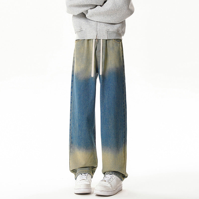 Gradient Drawstring Wide-Leg Jeans for Men