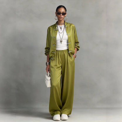 Satin set with hanging wide leg pants and drawstring two-piece set