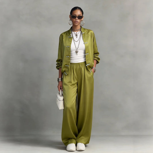 Satin set with hanging wide leg pants and drawstring two-piece set