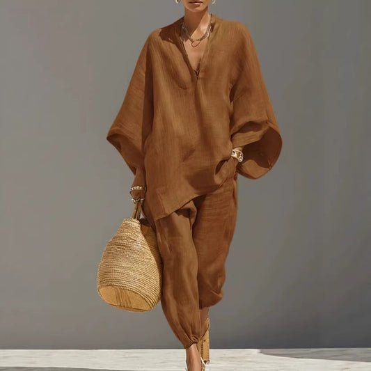 Spring Casual Loose Solid Color Shirt Women's Set