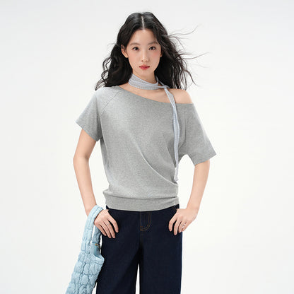 One-Shoulder Slash Neck Sleeveless T-Shirt for Women, Loose Casual Top