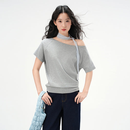 One-Shoulder Slash Neck Sleeveless T-Shirt for Women, Loose Casual Top
