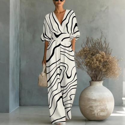 Elegant waist cinched V-neck printed women's jumpsuit