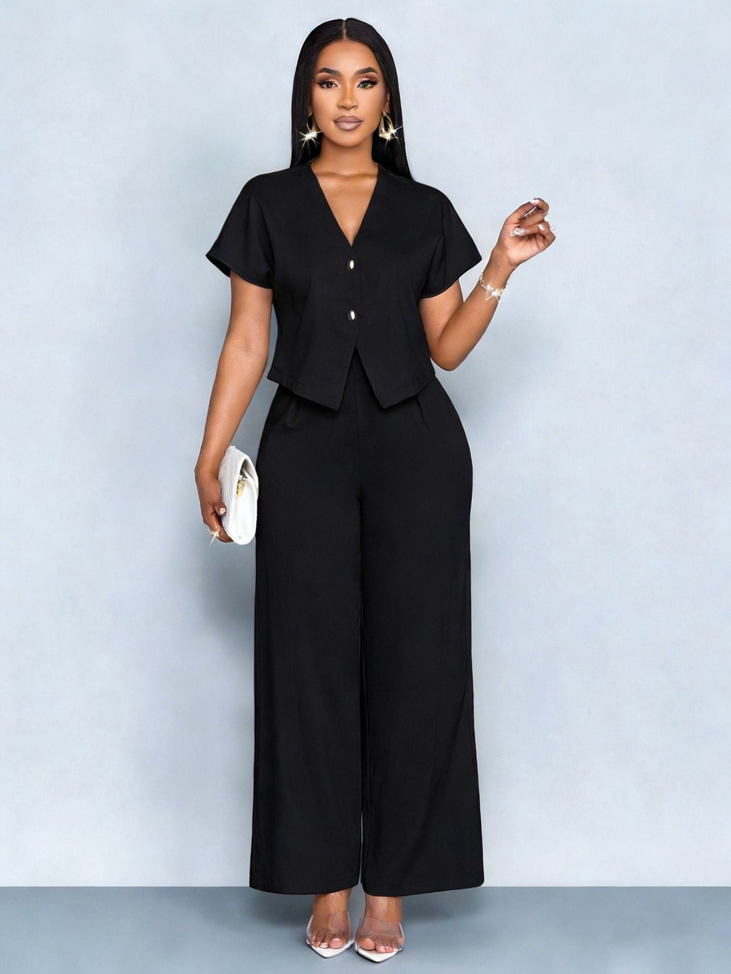 Summer Short Sleeve V-Neck Irregular Cardigan Straight Leg Wide Leg Pants Plus Size Casual Two-Piece Set