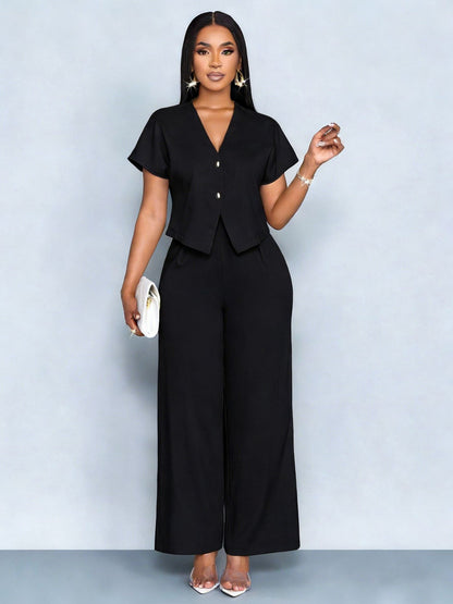 Summer Short Sleeve V-Neck Irregular Cardigan Straight Leg Wide Leg Pants Plus Size Casual Two-Piece Set