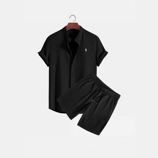 Summer Men's Casual Loose Short-Sleeve Shirt and Shorts Set, Ice Silk Material