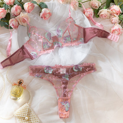 Lace Embroidery Women's Bra Flower Embroidery Advanced Craft Steel Ring Gathered Sexy Lingerie Set
