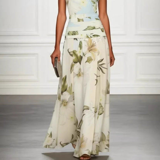 V-neck floral print women's dress sleeveless backless waist cinching long skirt