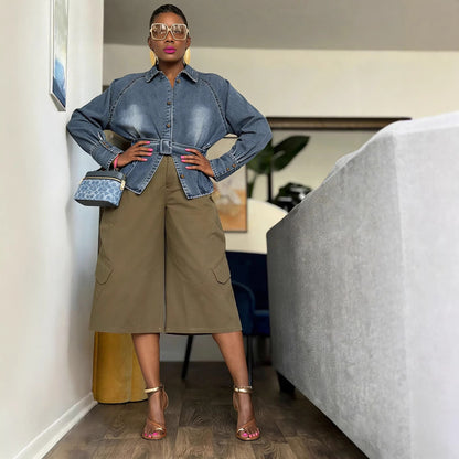 Slim Fit Ruffle Batwing Sleeve Washed Denim Shirt Jacket