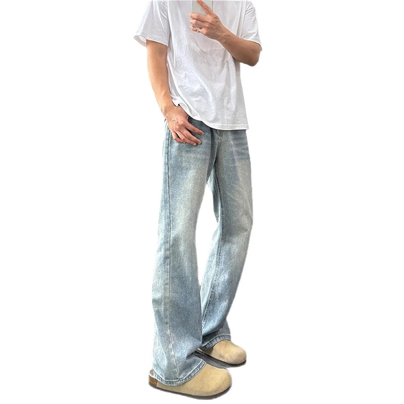 Vintage Blue Slash Denim Pants for Men Washed Straight Leg Slight Flare Jeans