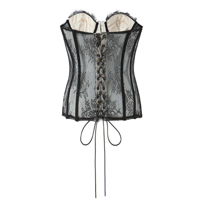 Lace Splicing Fitted Waistband Top with Strap Tube Top