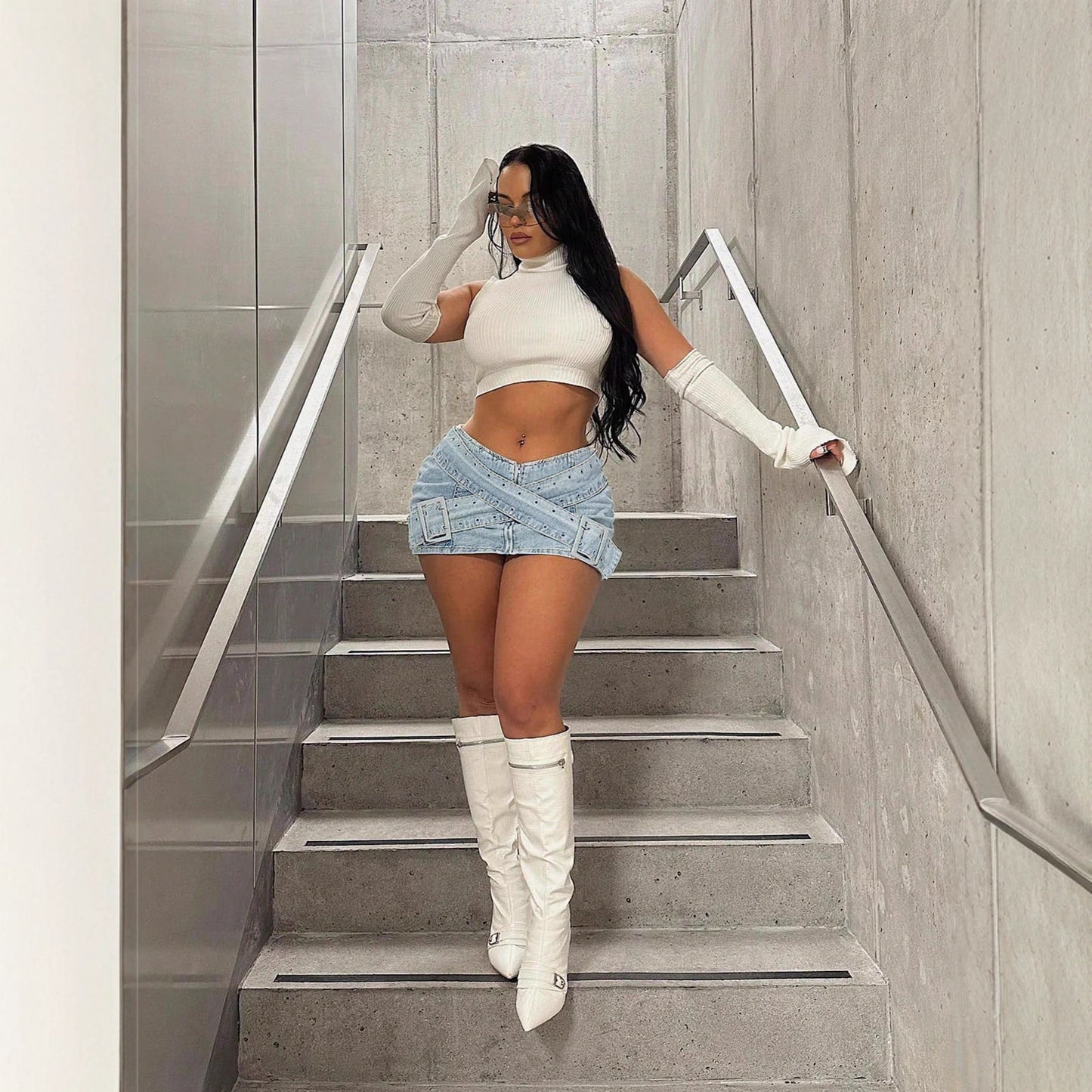 Fashionable Light Blue Denim Mini Skirt with Cross-Over Buckle Design, Bodycon Style