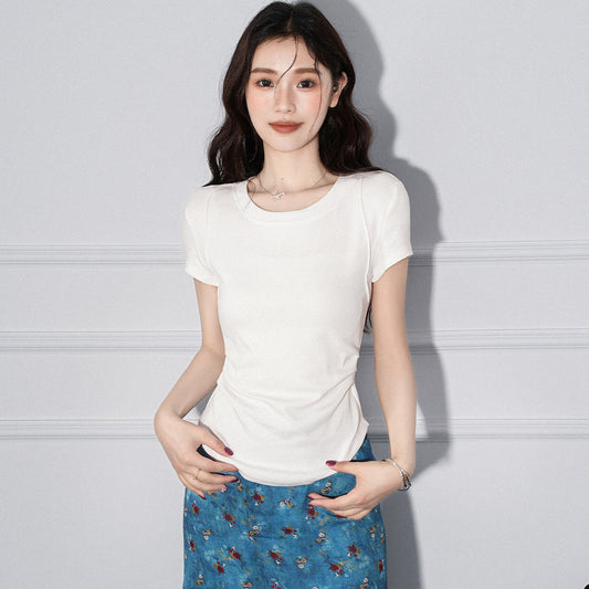 Round Neck Pleated Irregular Hem Short Sleeve T-Shirt for Women