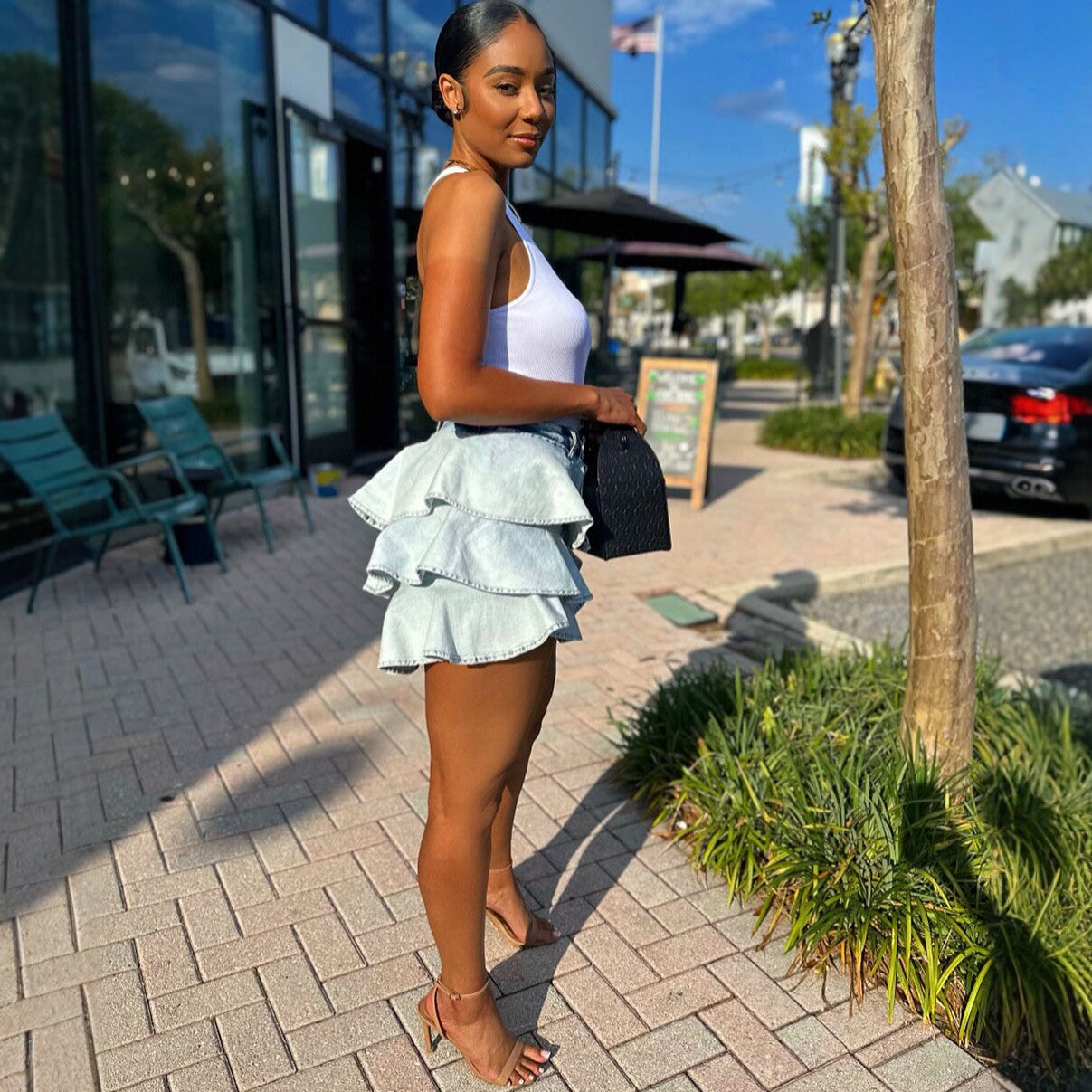 Style High-Waisted Denim Ruffle Mini Skirt Fashion Irregular Mini Skirt for Women