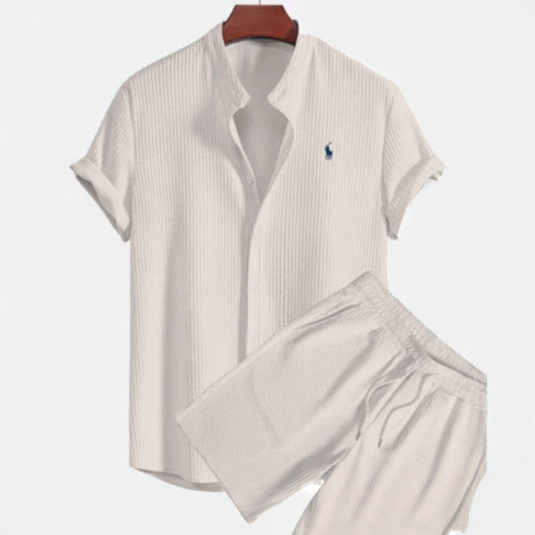 Summer Men's Casual Loose Short-Sleeve Shirt and Shorts Set, Ice Silk Material