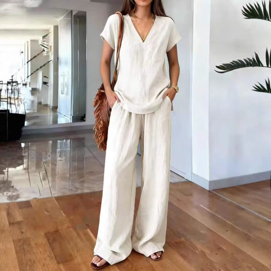 Clothing  Solid Color Women's Fashion Set V-Neck Short Sleeve Long Pants Casual Two-Piece Set
