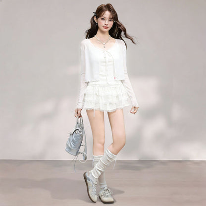 Long Sleeve Cardigan with Strap Dress, Summer Sheer Bolero with Ruffles