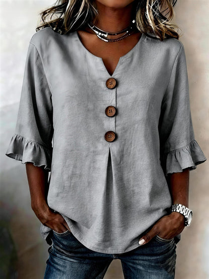 Fashionable Cotton Linen V-Neck Button-Up Blouse for Women Summer Casual Top