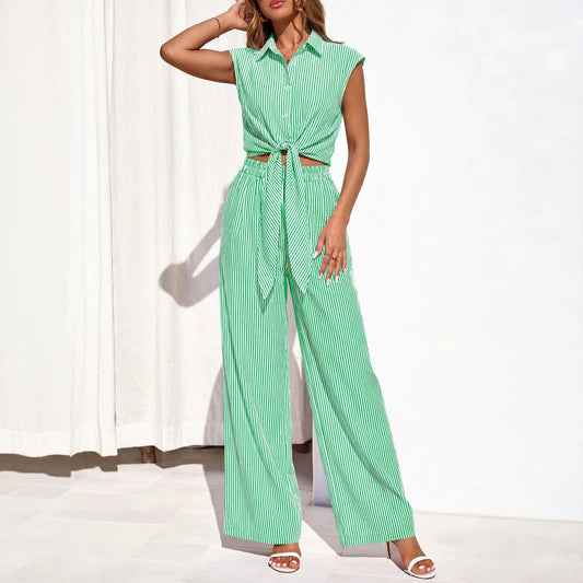 Spring Summer Women's Striped Buttoned Sleeveless Shirt and Pants Set
