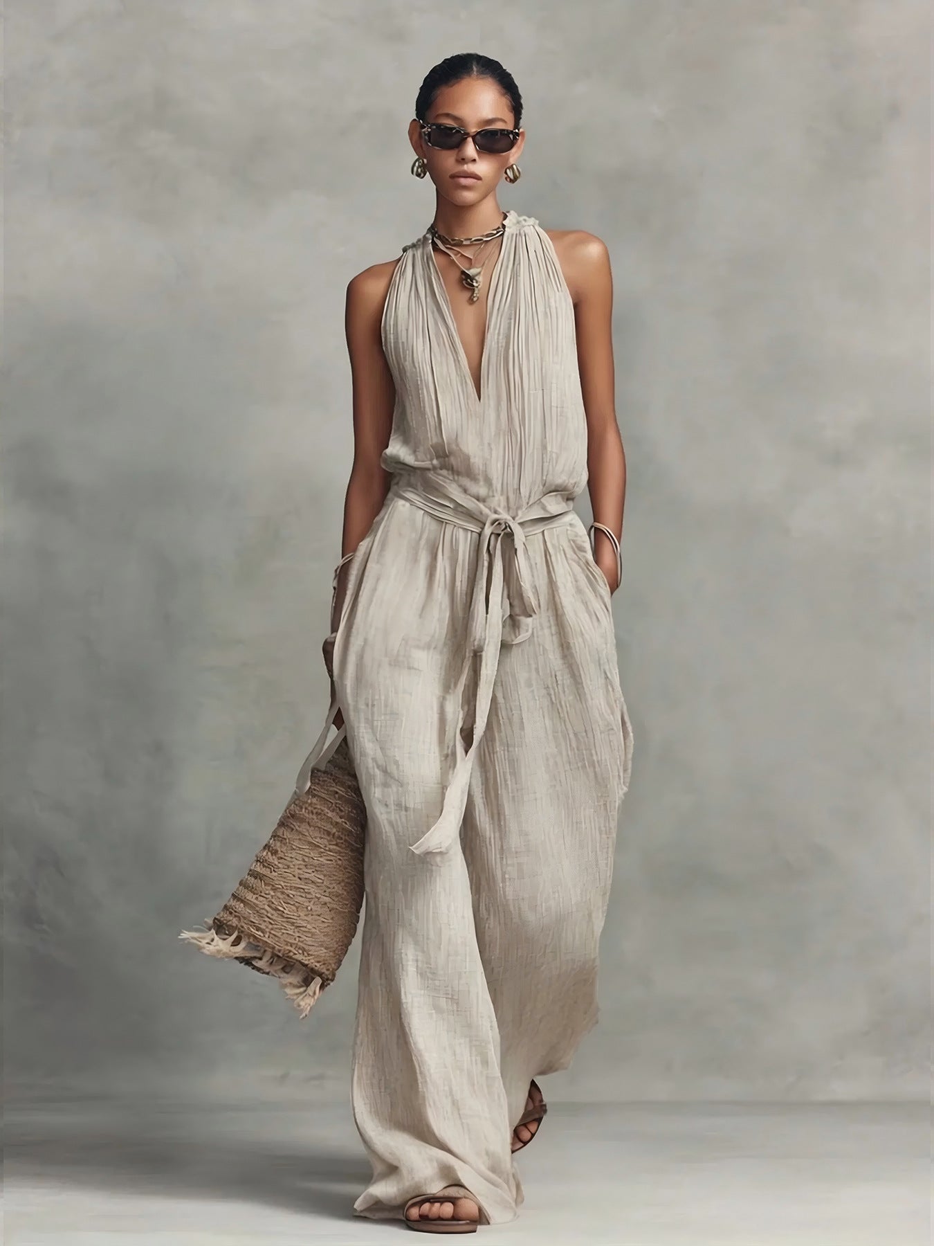Long Sleeve Women's Jumpsuit with Belted Design Casual V-Neck Sleeveless Jumpsuit