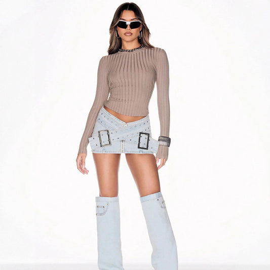 Fashionable Light Blue Denim Mini Skirt with Cross-Over Buckle Design, Bodycon Style