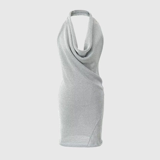 Metallic thread knitted halter dress