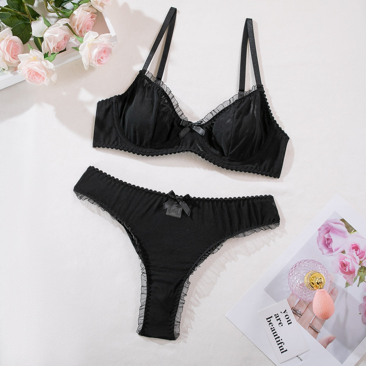Sexy Mesh Printed Underwear Thin Breathable Comfortable Gathering Bra and Panty Set for Women