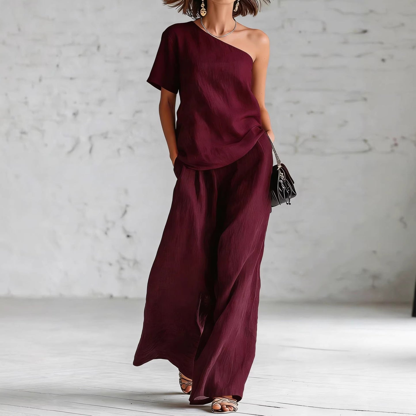 Fashionable Off-Shoulder Top and Wide-Leg Pants Casual Outfit Set