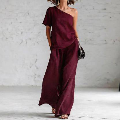 Fashionable Off-Shoulder Top and Wide-Leg Pants Casual Outfit Set