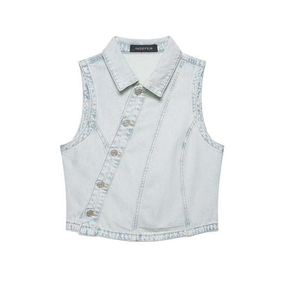 Street denim double breasted vest+jeans set