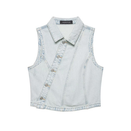 Street denim double breasted vest+jeans set