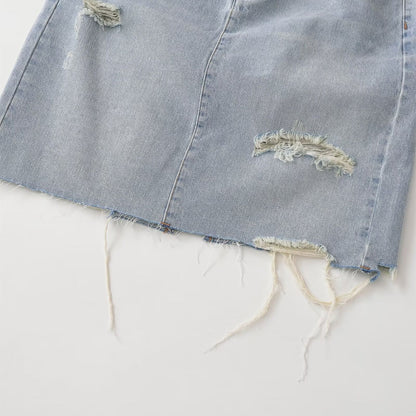 Mid waist perforated casual denim skirt