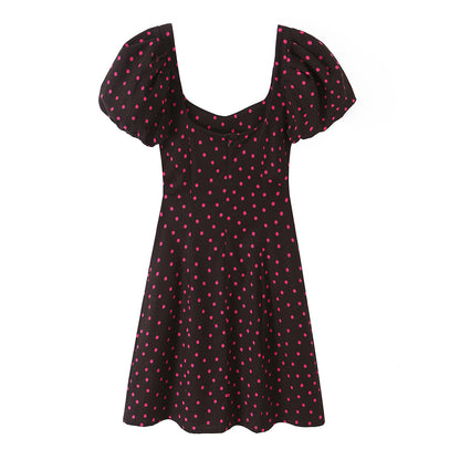 Wave dot bubble sleeve linen dress