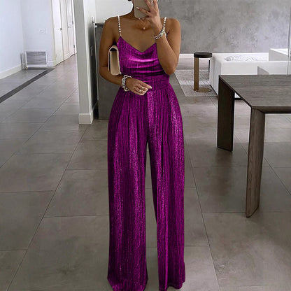 Spring Summer New Women's Fashion Wide Leg Pants, Fitted Waist, Elegant Strap Beaded Jumpsuit