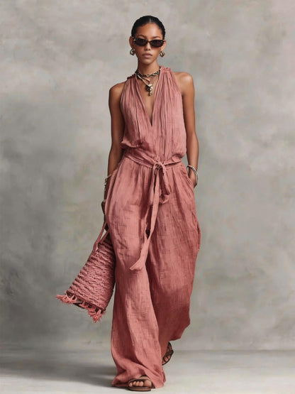 Long Sleeve Women's Jumpsuit with Belted Design Casual V-Neck Sleeveless Jumpsuit