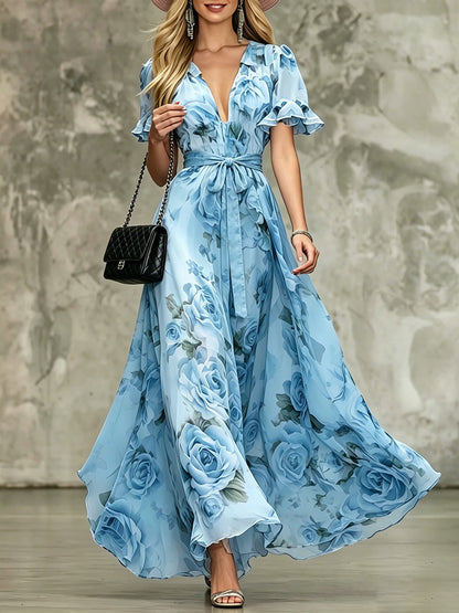 Deep V-neck ruffle sleeve printed dress