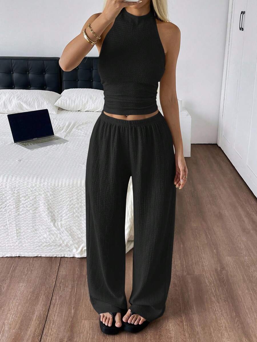 Women's Strapless Top with Wide-Leg Pants Casual Two-Piece Set