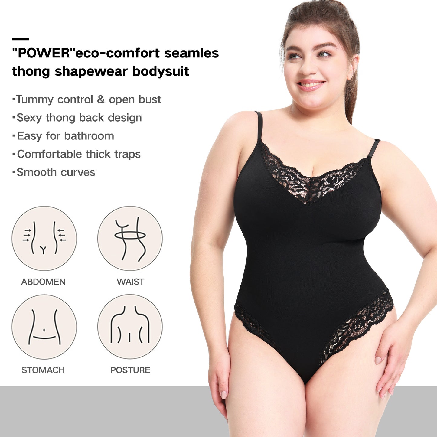 Plus Size Lace Thong Open Crotch Abdominal Support Bodysuit Strap Shapewear Underwear