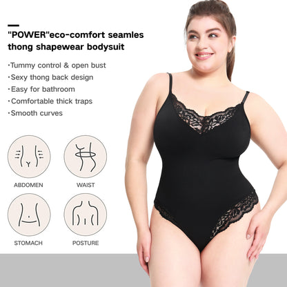 Plus Size Lace Thong Open Crotch Abdominal Support Bodysuit Strap Shapewear Underwear