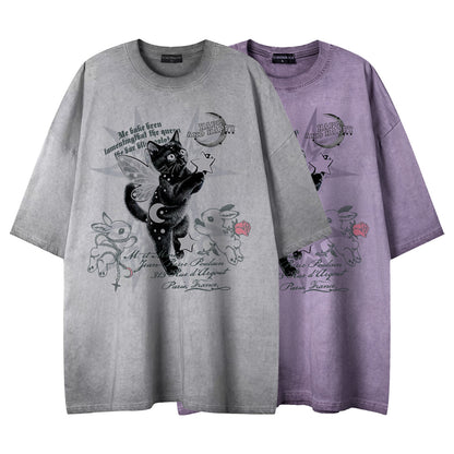 Dreamy black cat print short sleeved shirt