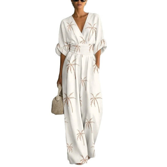 Elegant waist cinched V-neck printed women's jumpsuit