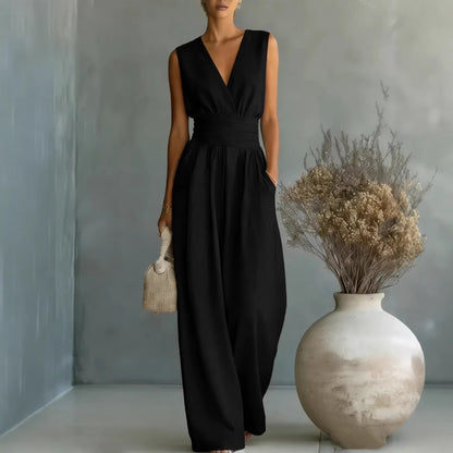 Sleeveless waist cinched V-neck women's jumpsuit