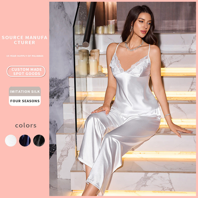 Backless Strap Dress Casual Sleepwear Set Simple Lace Hem Imitation Silk Homewear