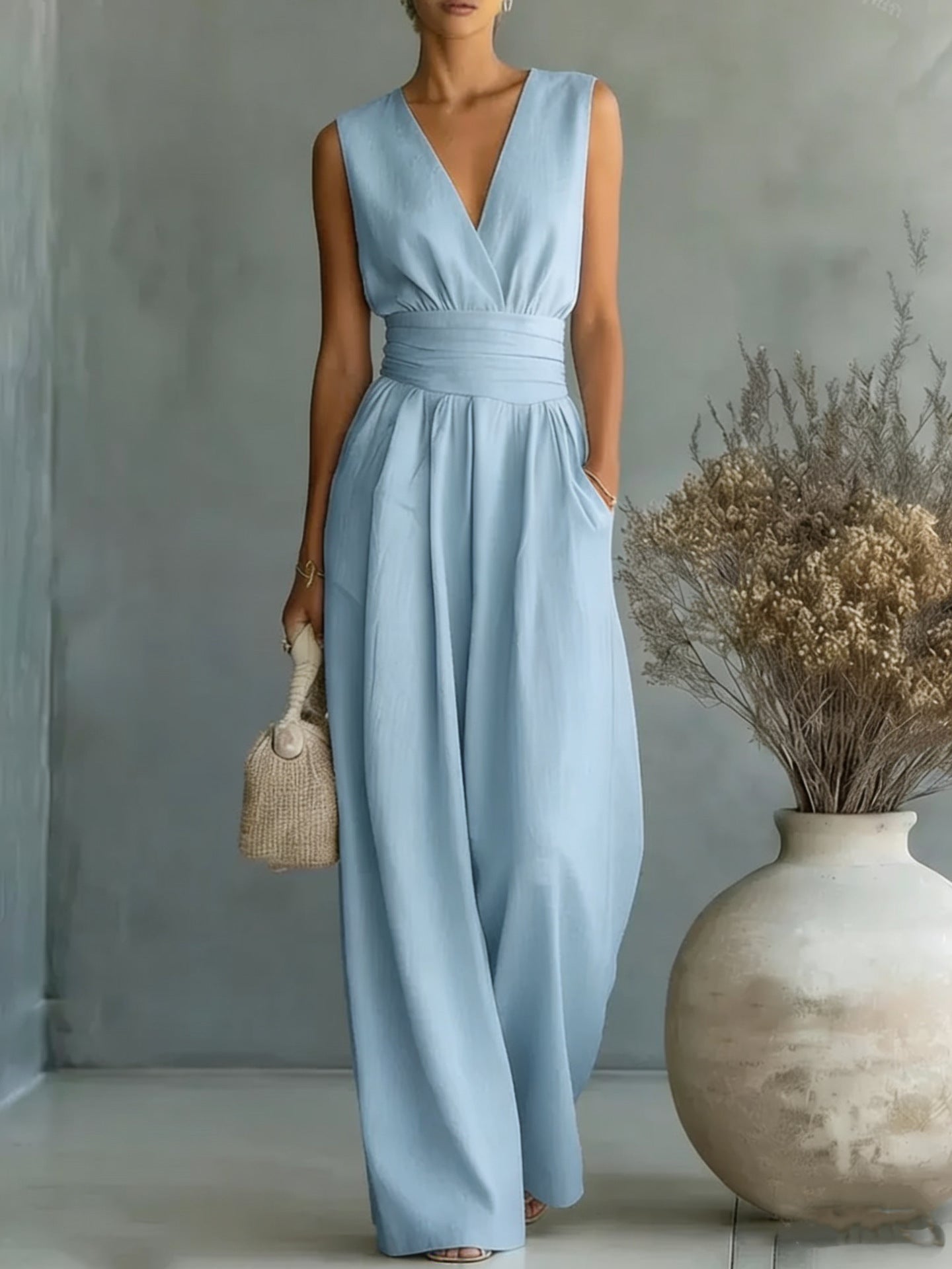 Sleeveless waist cinched V-neck women's jumpsuit